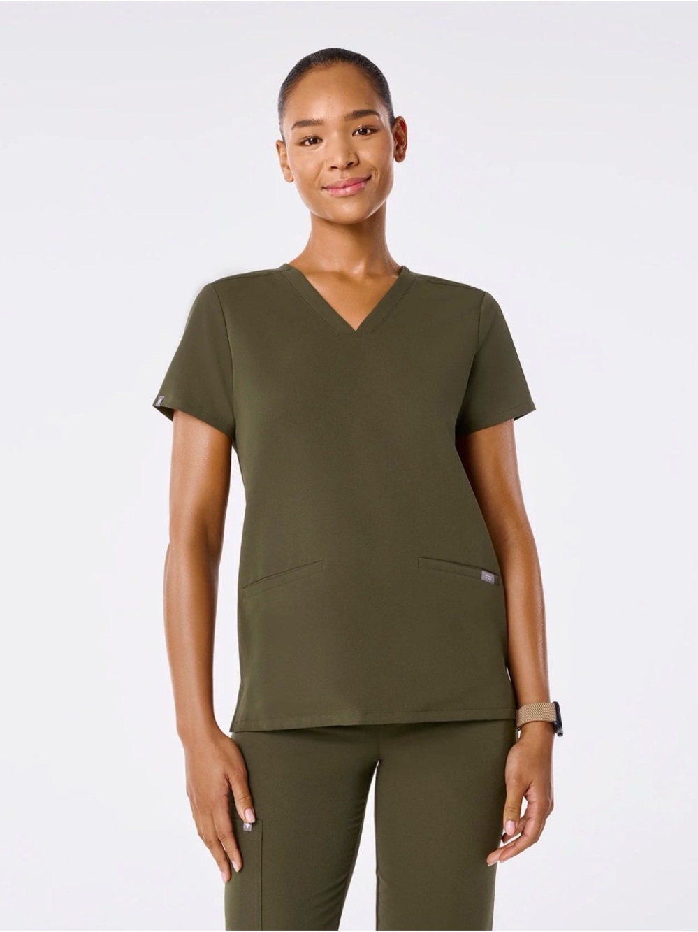 Figs Olive Green V-Neck Short Sleeve Scrub Top